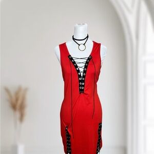 SHEIN Curve Red Lace-Up V-Neck Sleeveless Mini Dress - 1XL